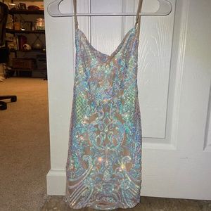 lucy in the sky starstruck strappy dress in nude iridescence